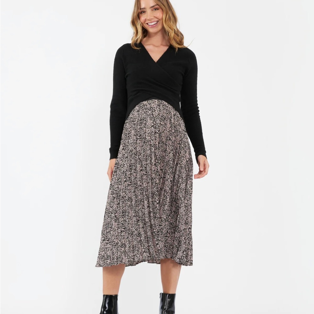 Ripe Maternity Black and Dusty Pink Pleated Skirt Size S NWOT